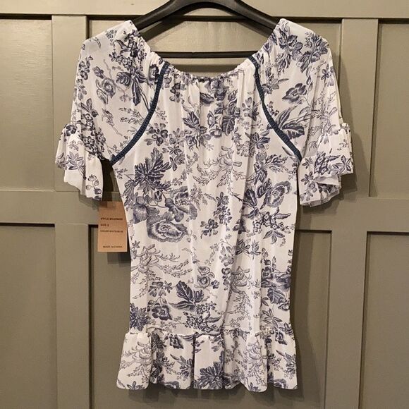 Anthropologie Eden & Olivia Blue & White Sheer Floral Boho Flowy Ruffle Top NWT - Picture 8 of 8